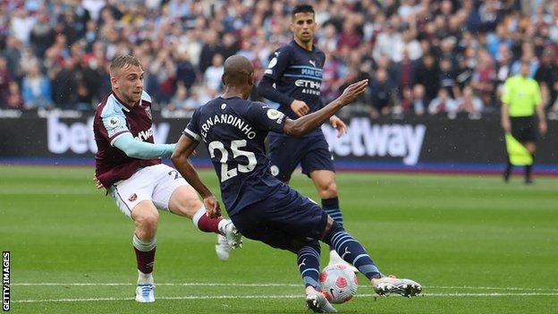 West Ham's Jarrod Bowen scores his second goal against Manchester City in the Premier League