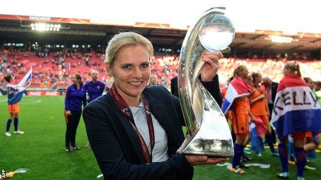 Netherlands' head coach Sarina Wiegman celebrates with the trophy after winning with her team the UEFA Womens Euro 2017