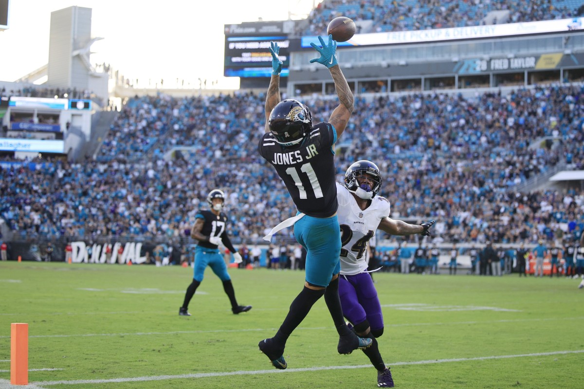 Jaguars receiver Marvin Jones Jr. catches a touchdown pass from Trevor Lawrence to put Jacksonville in position for the two-point conversion against the Ravens in Week 12.