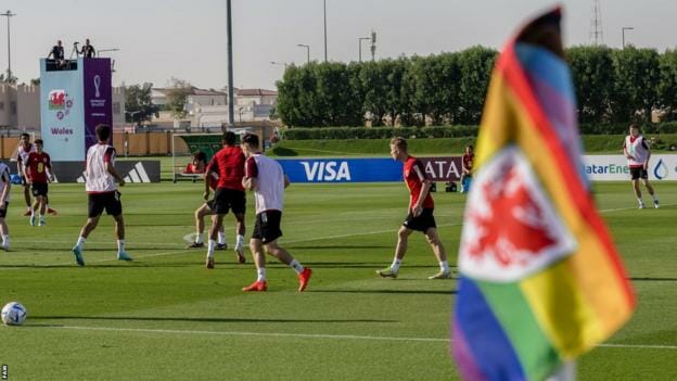 Rainbow flags were prominent at Wales' training base in Qatar on Wednesday